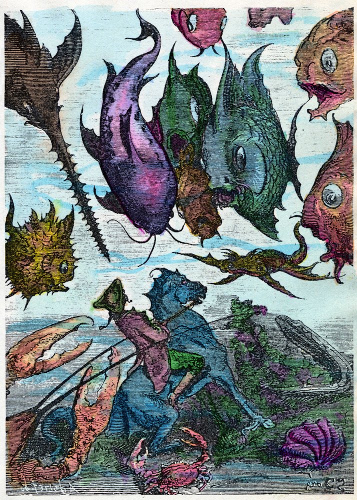 The Baron on His Horse Crosses Fish in the Seabed. Scene from 