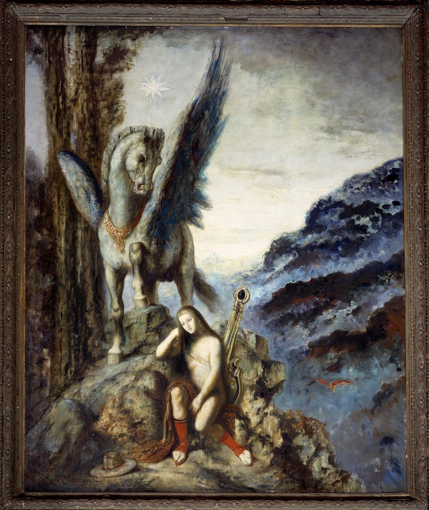 The traveler poet, a meditating thoughtful traveler near the winged horse Pegasus by Gustave Moreau