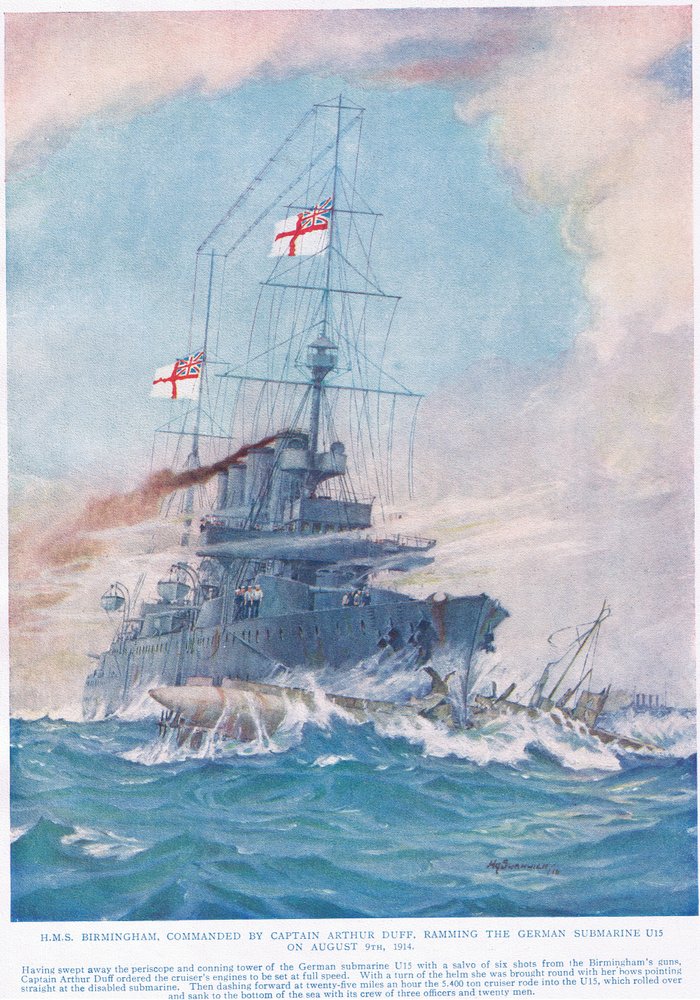HMS Birmingham commanded by Captain Arthur Duff, ramming the German submarine U15 on August 9th 1914, illustration from 