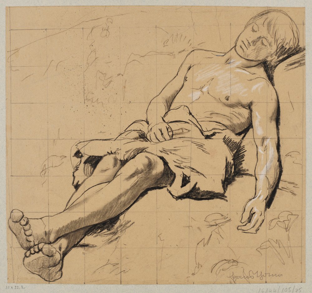 Half-Naked Shepherd Wearing a Loincloth, Sleeping in a Meadow by Hans Thoma