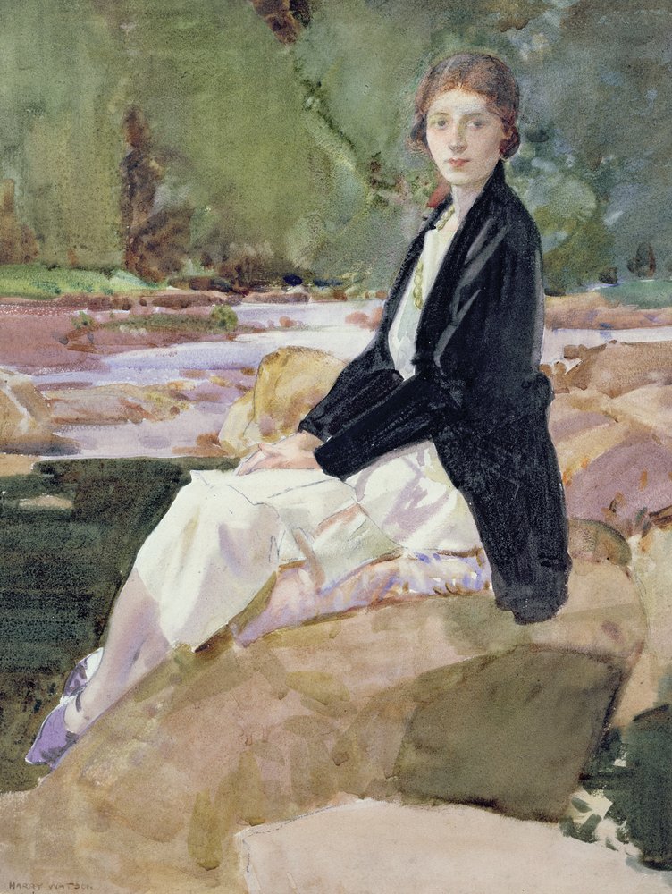 Young woman sitting upon rocks by Harry Watson