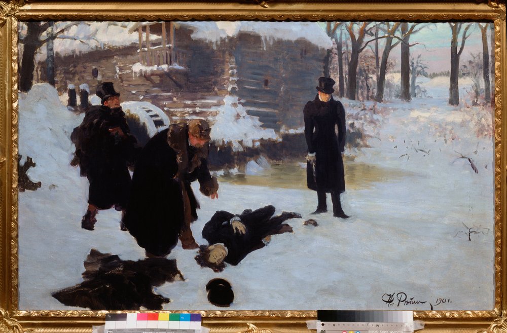 The duel. (The death of the poet Alexander Pushkin (1799-1837), killed by his rival Georges Charles de Heeckeren d'Anthès (1812-1895) on 25 January 1837, in the suburbs of Saint Petersburg) Painting by Ilya Repin (1844-1930), oil on canvas by Ilya Efimovich Repin