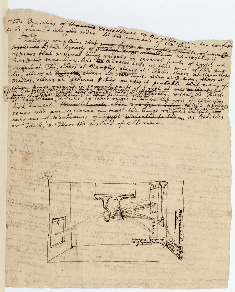 Ms. New Coll. 3612, fol. 45v. Drawing of the so-called crucial experiment that shows light from the sun being refracted through one prism and then being refracted through another prism by Isaac Newton