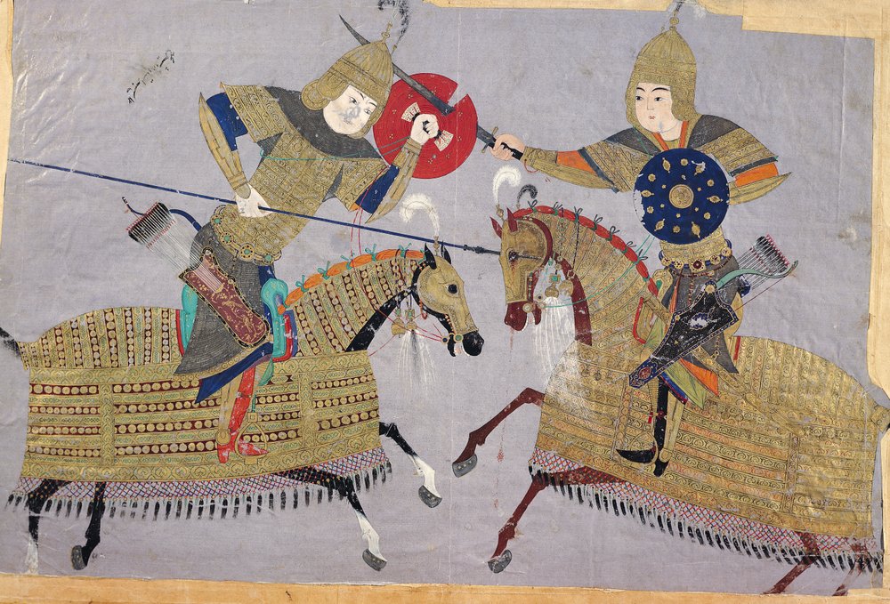 Two Warriors on Horseback in Combat, School of Tabriz, c.1480 by Islamic School