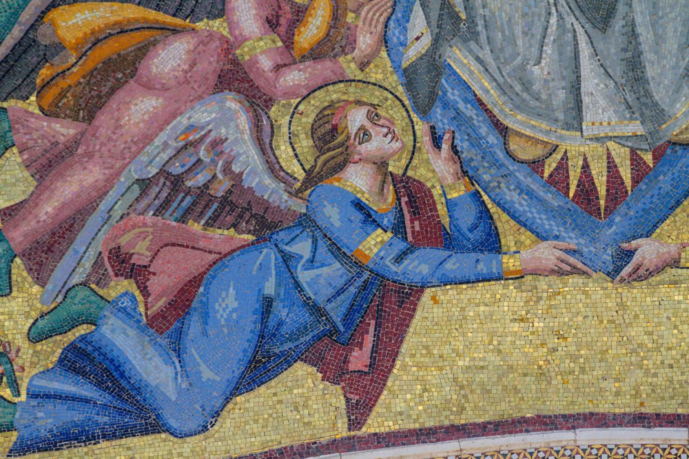 Angel, detail from Assumption of Mary into Glory, mosaic, gable of central entrance in facade of Orvieto Cathedral, Umbria, Italy by Italian School