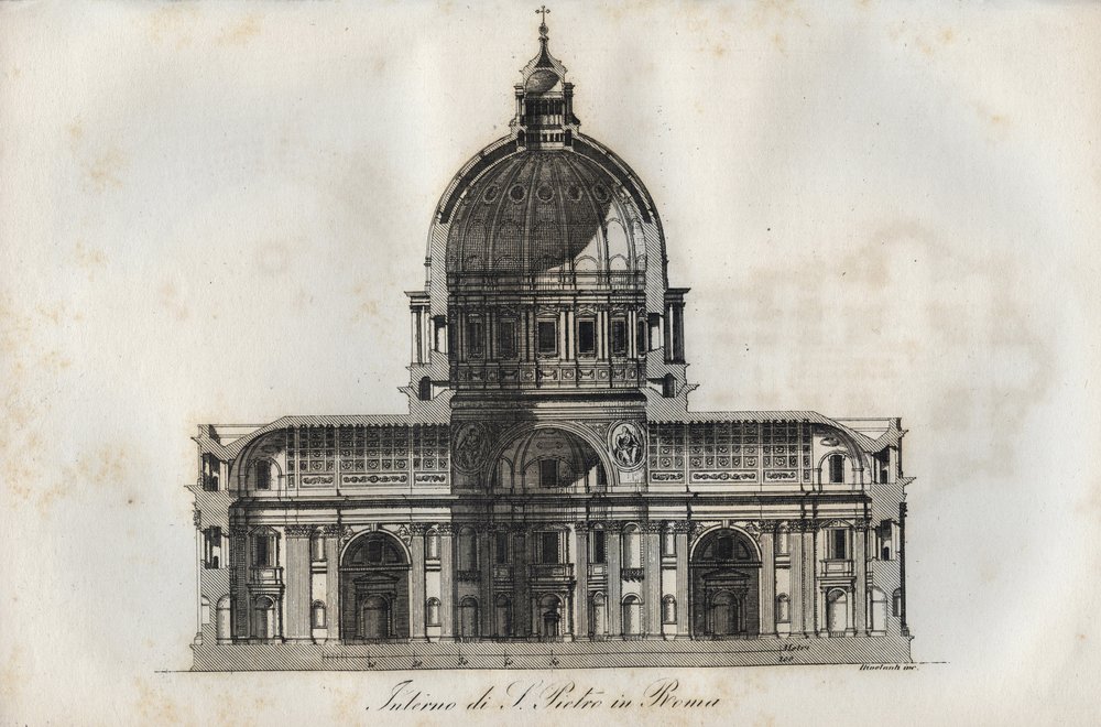 Cross section of St Peter's Basilica in Rome (engraving from Usi e ...