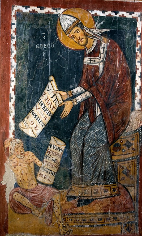 Pope Gregoire I the Great and Job. Gregoire holds a paper with Latin ...