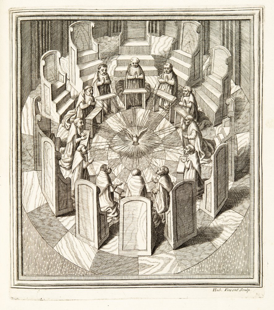 Twelve Judges of the Rota praying in a circular hall surrounding the ...