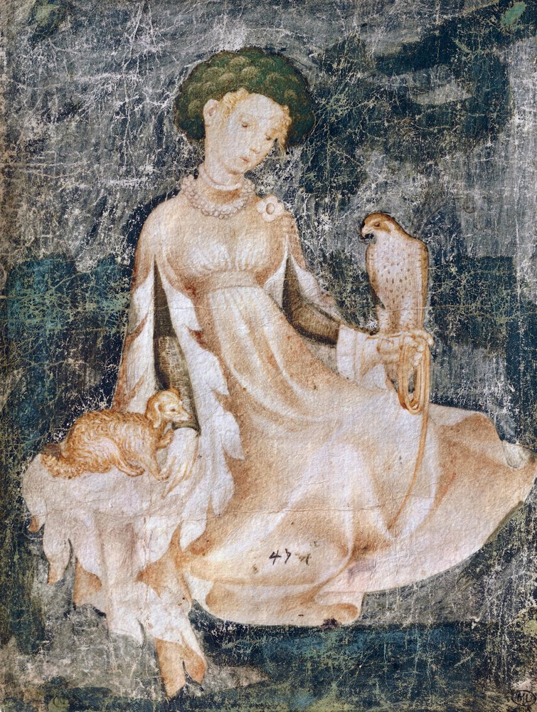 Woman sitting on ground with dog and falcon by Italian School
