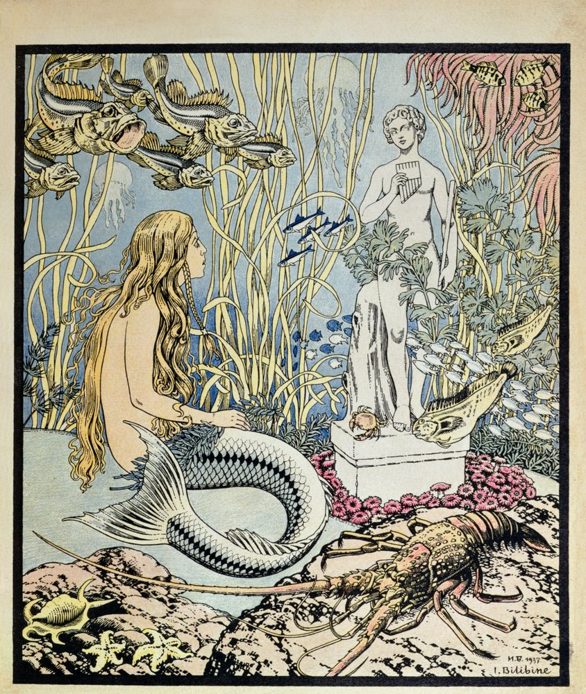 The Little Mermaid before a statue in the sea, illustration for a fairy tale by Hans Christian Andersen (1805-75), from 
