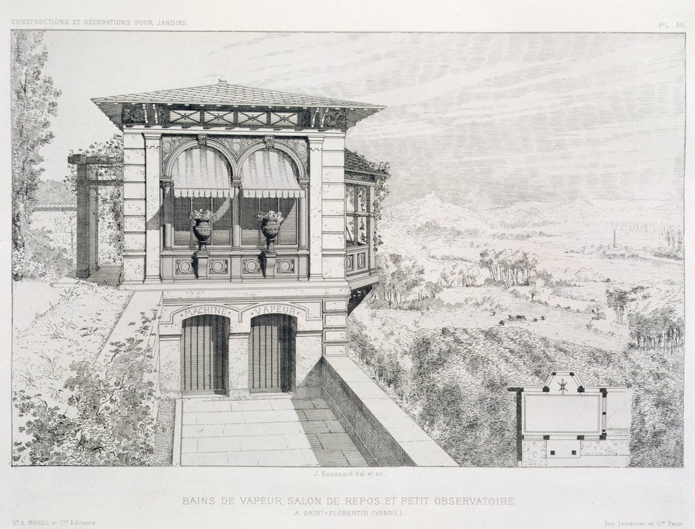 Steam Baths, Observatory Above, from a Volume of Designs by Various Architects, Pub. Morel & Cie, Paris by J. Boussard