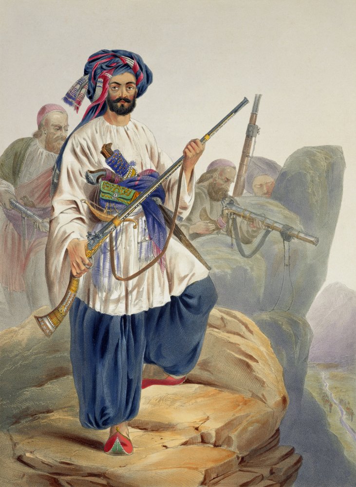 Ko-i-Staun Foot Soldiery in Summer Costume, Actively Employed among the Rocks, plate 12 from “Scenery, Inhabitants and Costumes of Afghanistan”, engraved by Robert Carrick (c. 1829-1904), 1848 by James Rattray