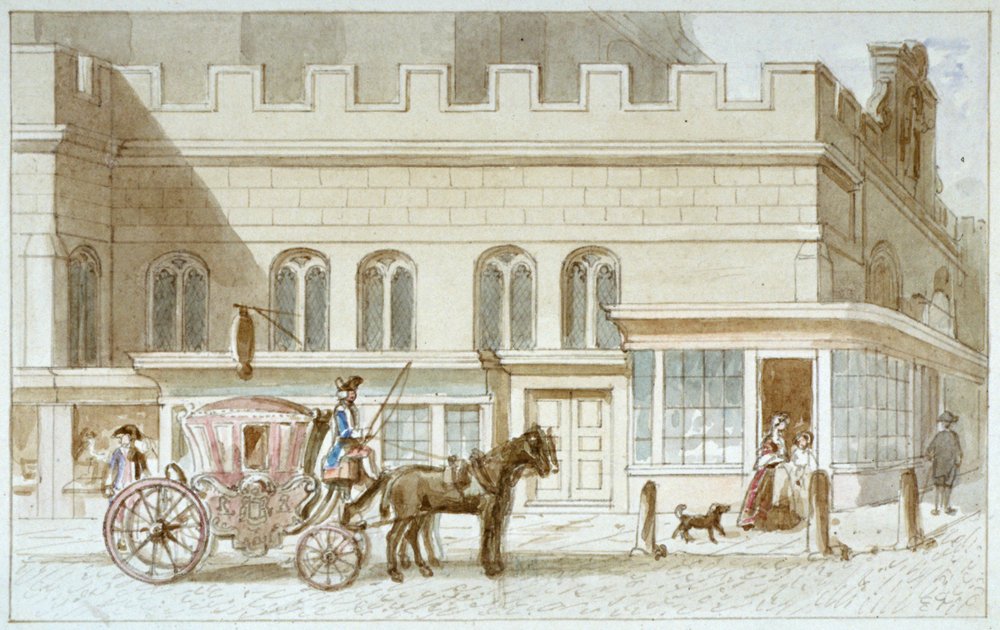 Shop fronts by St Dunstan-in-the-West, Fleet Street, City of London, 1820