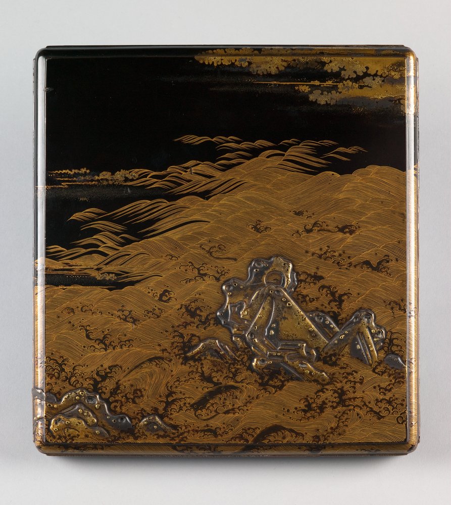 Writing Box with Design of Waves and Rocks, Muromachi period, second ...