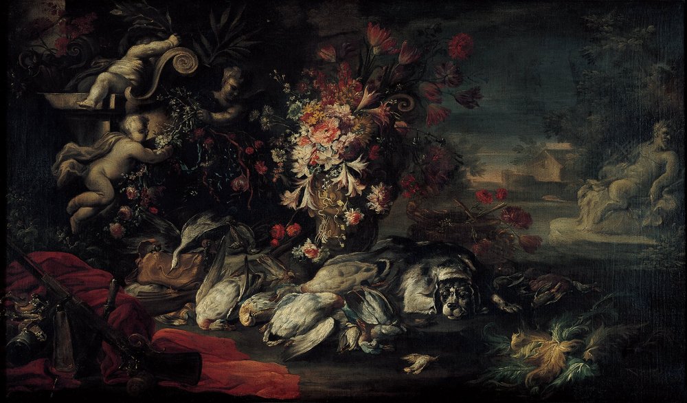 Still Life with Shooting Gear and Flowers II by Jean-Baptiste Oudry