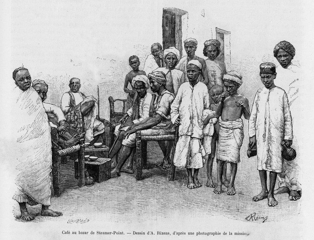 Cafe at Steamer Point Bazaar, Aden, Yemen. Engraving by A.Rixens to ...