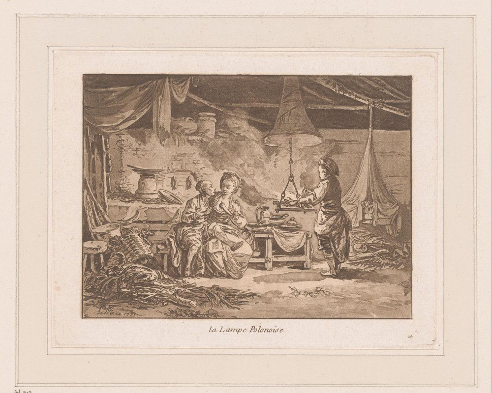 Interior of a barn with two figures on a bench and a man by a fire by Jean Baptist Leprince