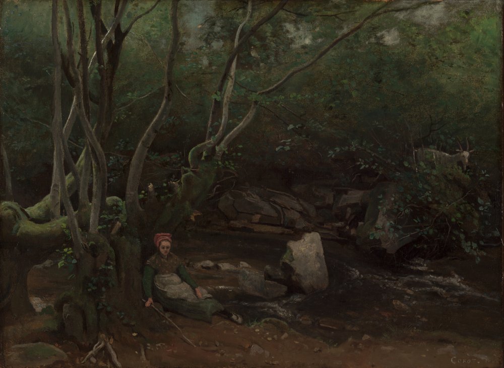 Lormes: Goat-Girl Sitting Beside a Stream in a Forest by Jean-Baptiste-Camille Corot