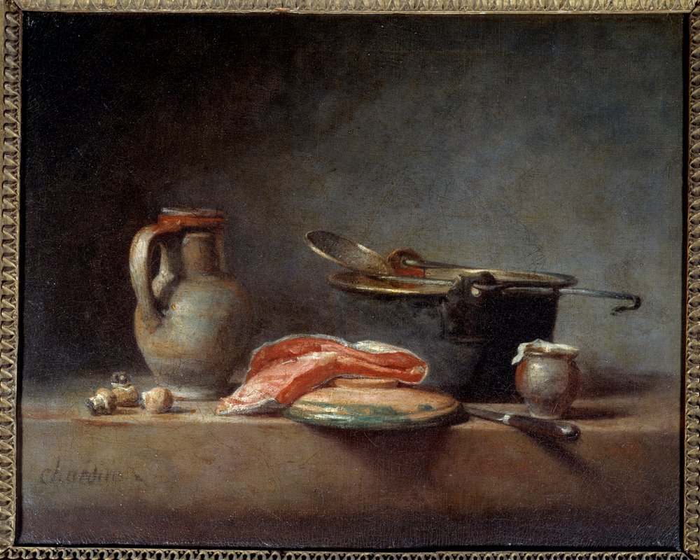 Copper Pot, Skimmer, Jug and Slice of Salmon. Still Life by Jean-Baptiste Simeon Chardin
