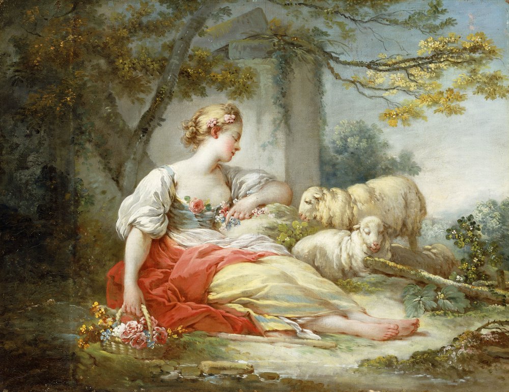 A Shepherdess Seated with Sheep and a Basket of Flowers Near a