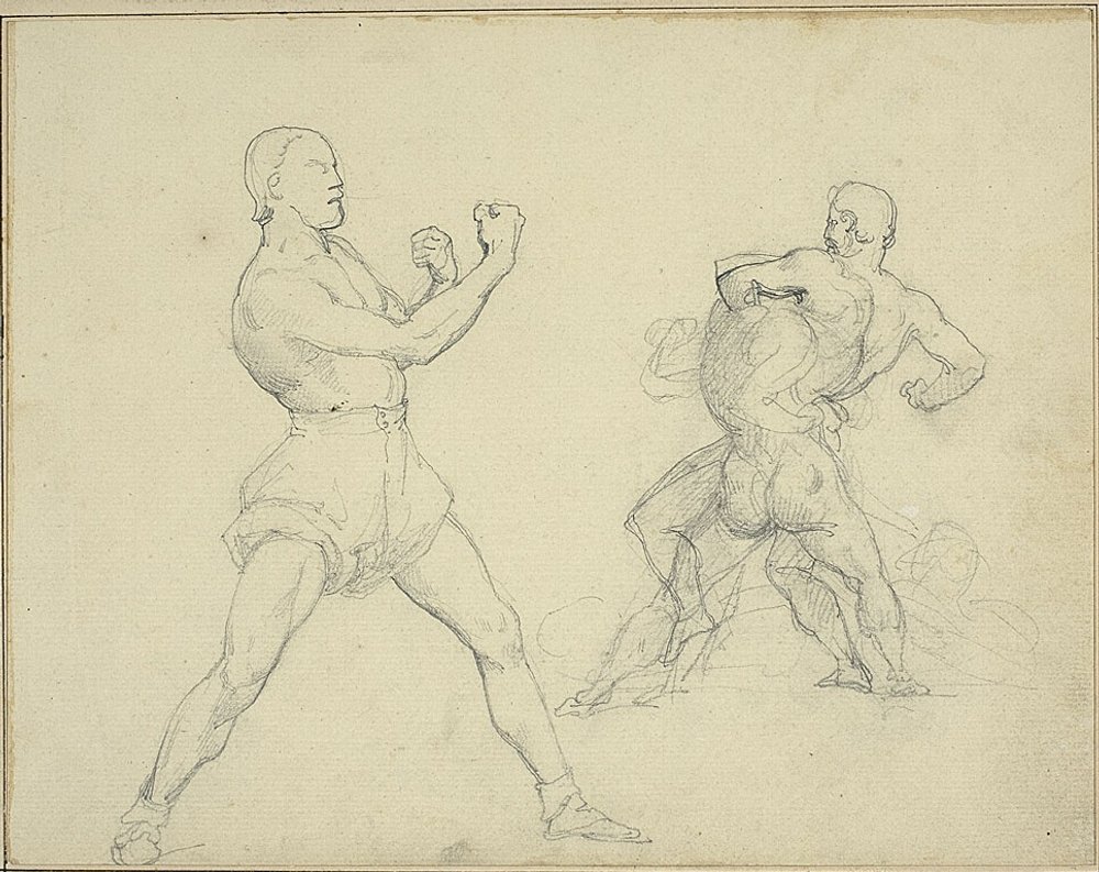 Boxer Facing Right and Two Men Wrestling