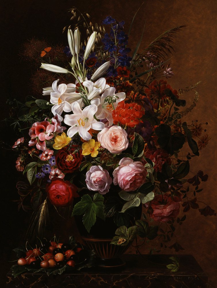 Lilies, Pelargoniums and Roses in a Greek Vase. Painting by Johan Laurentz Jensen (1800-1856) Private Collection by Johan Laurents Jensen