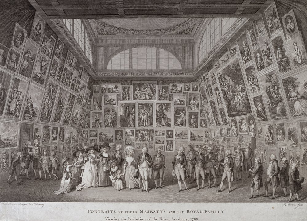 Interior view of Somerset House showing King George III, Queen Charlotte and the Royal family viewing an exhibition of the Royal Academy of Arts in 1788 by Johann Heinrich Ramberg