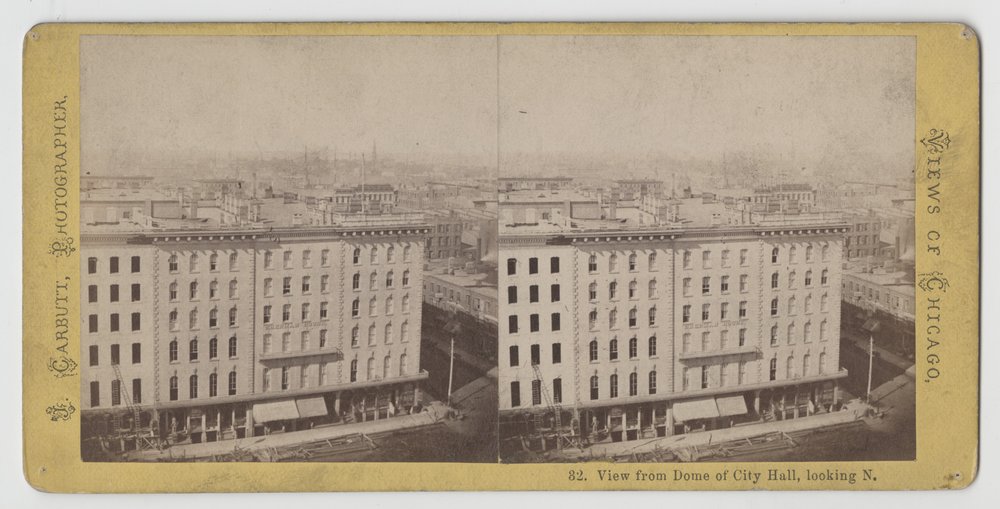 Stereograph of view from dome of City Hall looking north, before the Chicago Fire of 1871 by John Carbutt