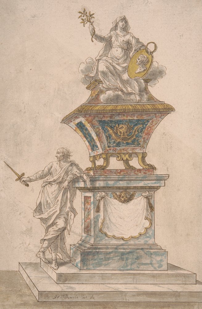 Monument: Peace Seated upon an Urn, a Man with Drawn Sword Standing on the Base of the Monument by John Devoto