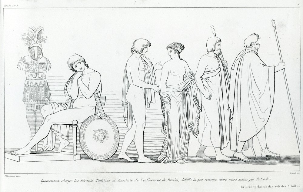 Agamemnon charged the heralds Talthybius and Eurybates with the abduction of Briseis; Achilles had her handed over to them by Patroclus. Drawing by John Flaxman (1755-1826). Homer's Iliad. Book I by John Flaxman
