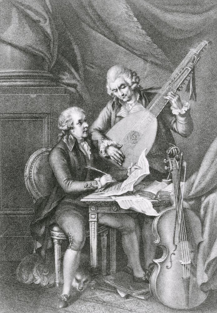 Portrait of Franz Joseph Haydn and Wolfgang Amadeus Mozart composing music for the lute engraved by Michele Benedetti