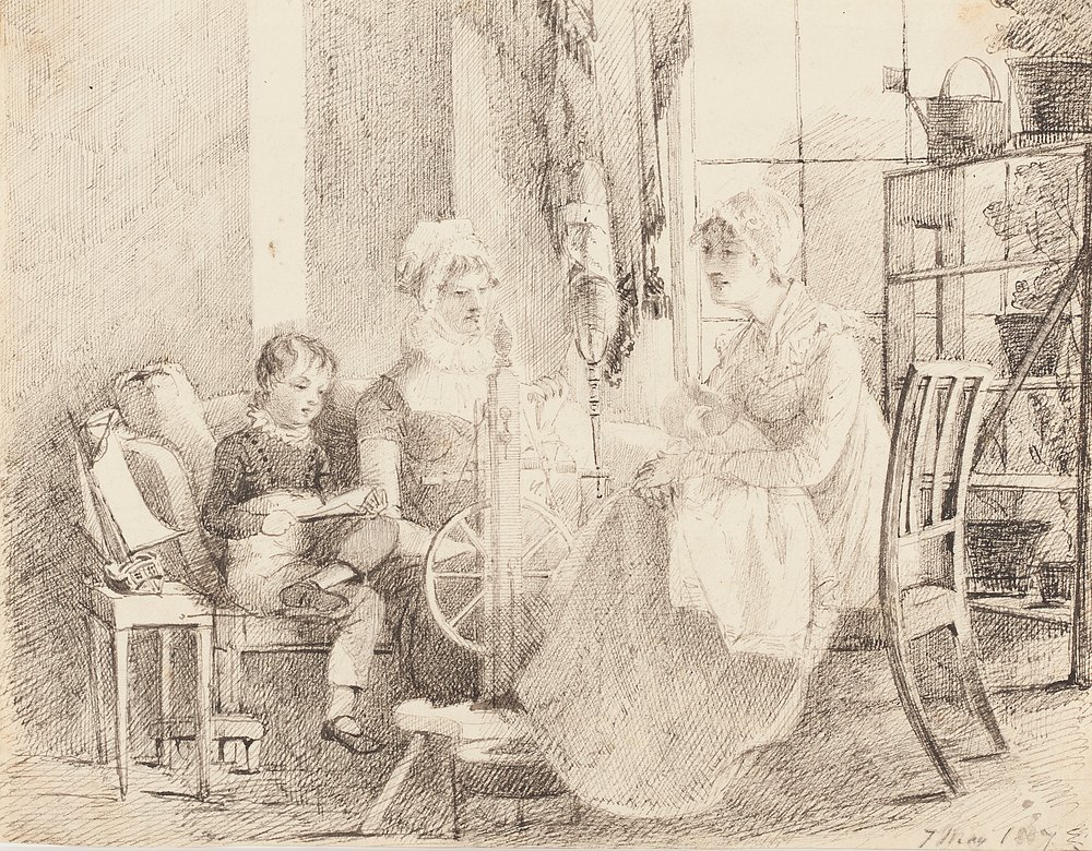 Women at the spinning wheel and a boy with a toy boat, 1807 by John Harden