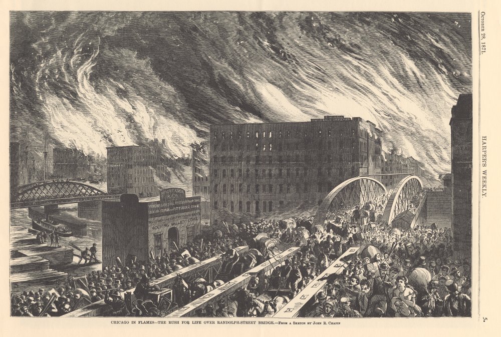 Chicago in flames - the rush for life over the Randolph Street Bridge, illustration from Harper