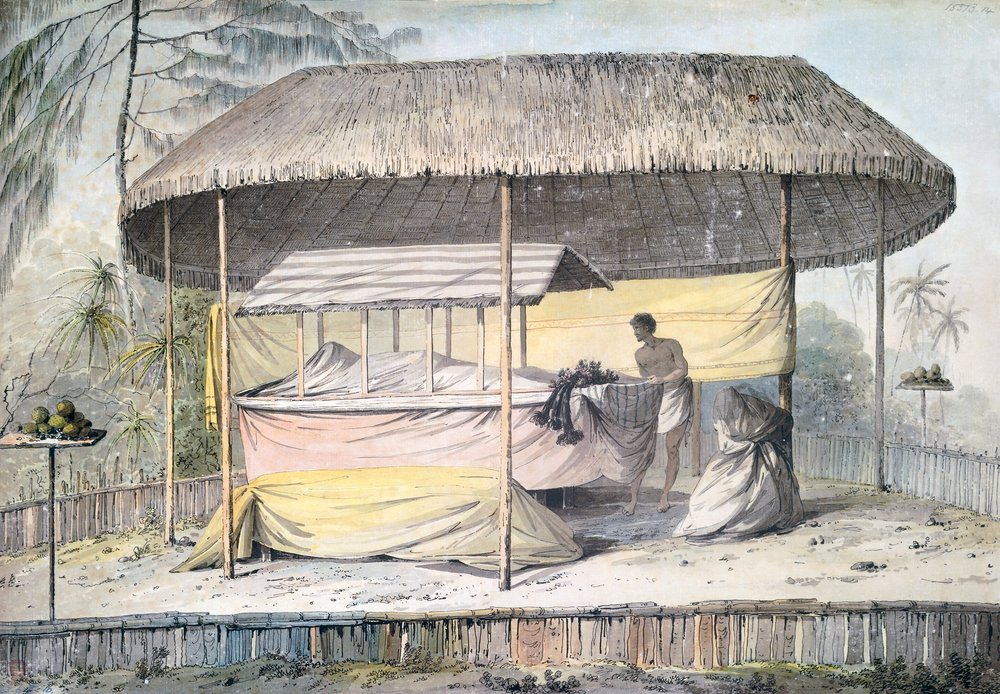 Funeral with deceased under canopy, Tahiti, Society Islands, watercolor by John Webber from description of Captain James Cook