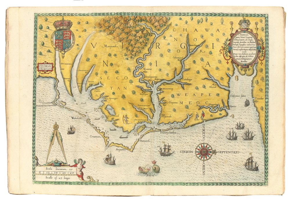 Map of Virginia showing the arrival of Sir Walter Raleigh's expedition in 1585, 1590 by John White