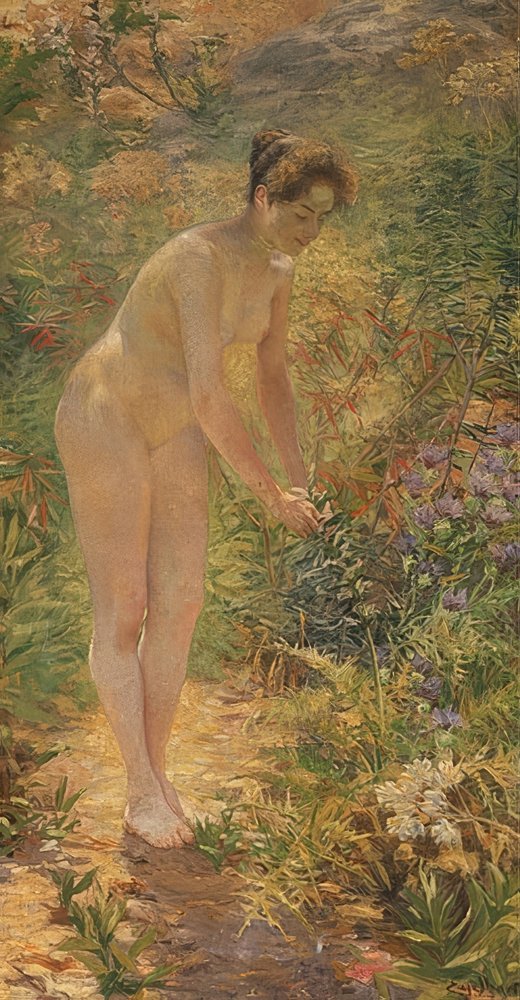 Standing female nude in the garden. Around 1900 by Josef Engelhart