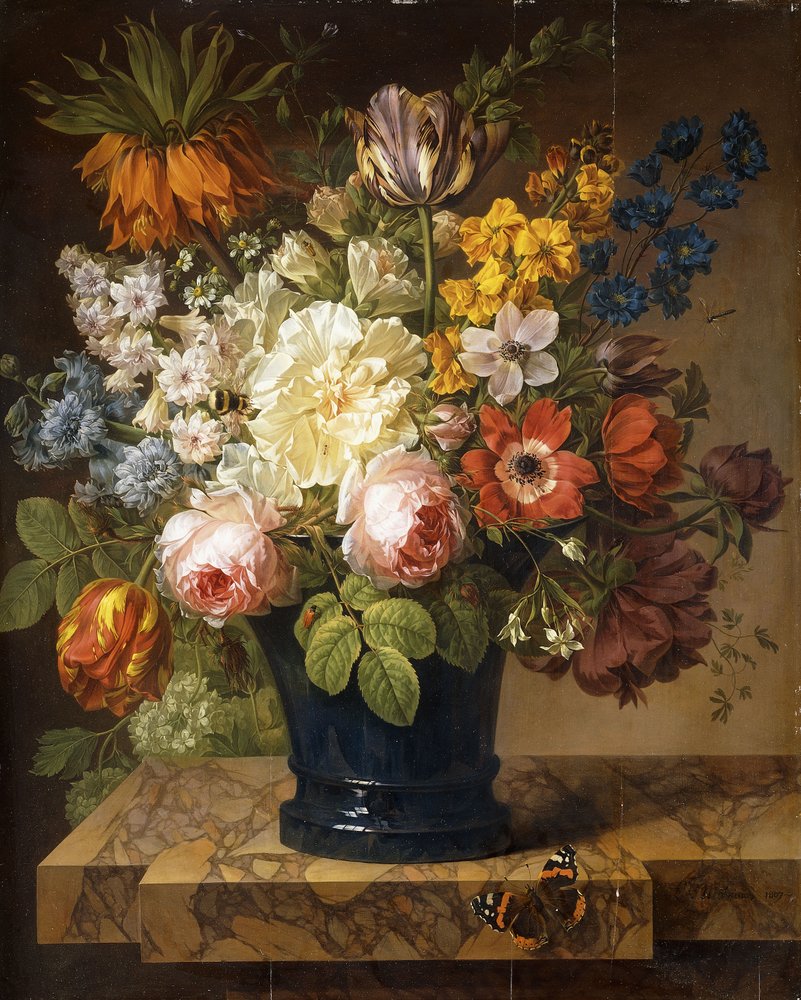 Flowers in a Vase on a Marble Ledge with a Red Admiral, a Bumble Bee ...