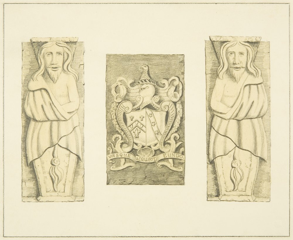 2 figures and coat of arms from gateway at Black Castle, Brislington by Joseph Manning