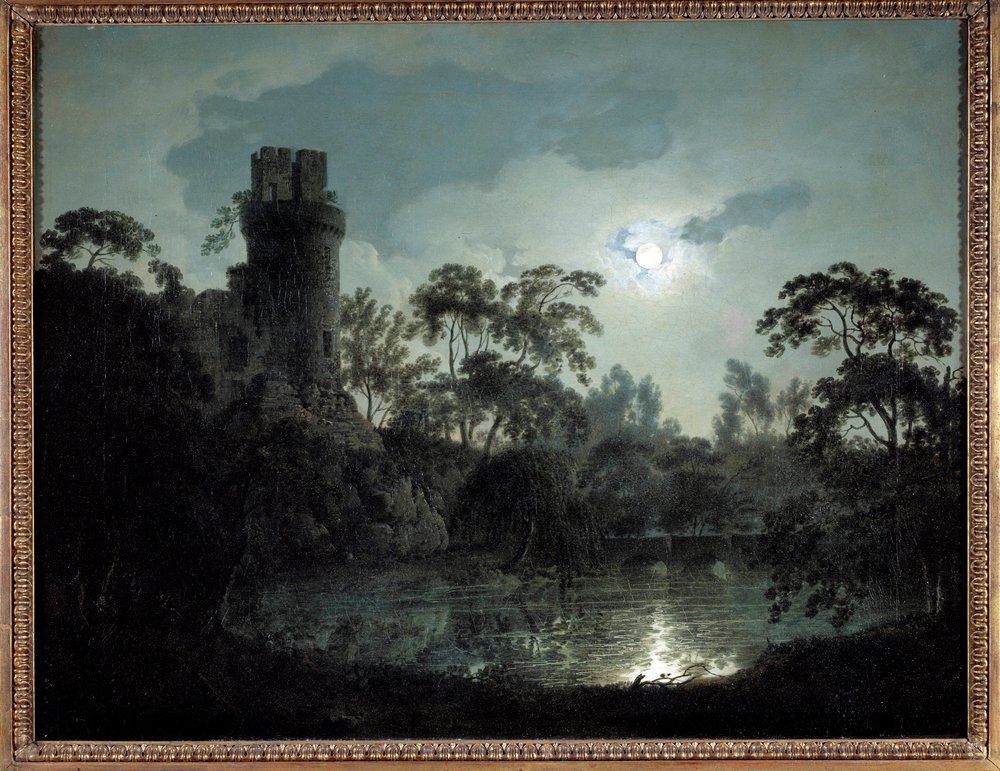 Moonlight with lake and castle by Joseph Wright of Derby