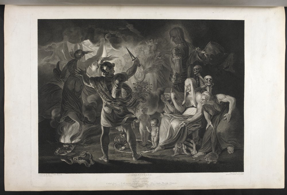 Macbeth. Act IV. Scene I. A dark cave. In the middle, a boiling cauldron. Three witches. Macbeth. Hecate. Macbeth faces the witches and the apparitions; at his feet, inside a coiled snake, stand a small bloody child and a child wearing a crown, holding by Joshua (after) Reynolds