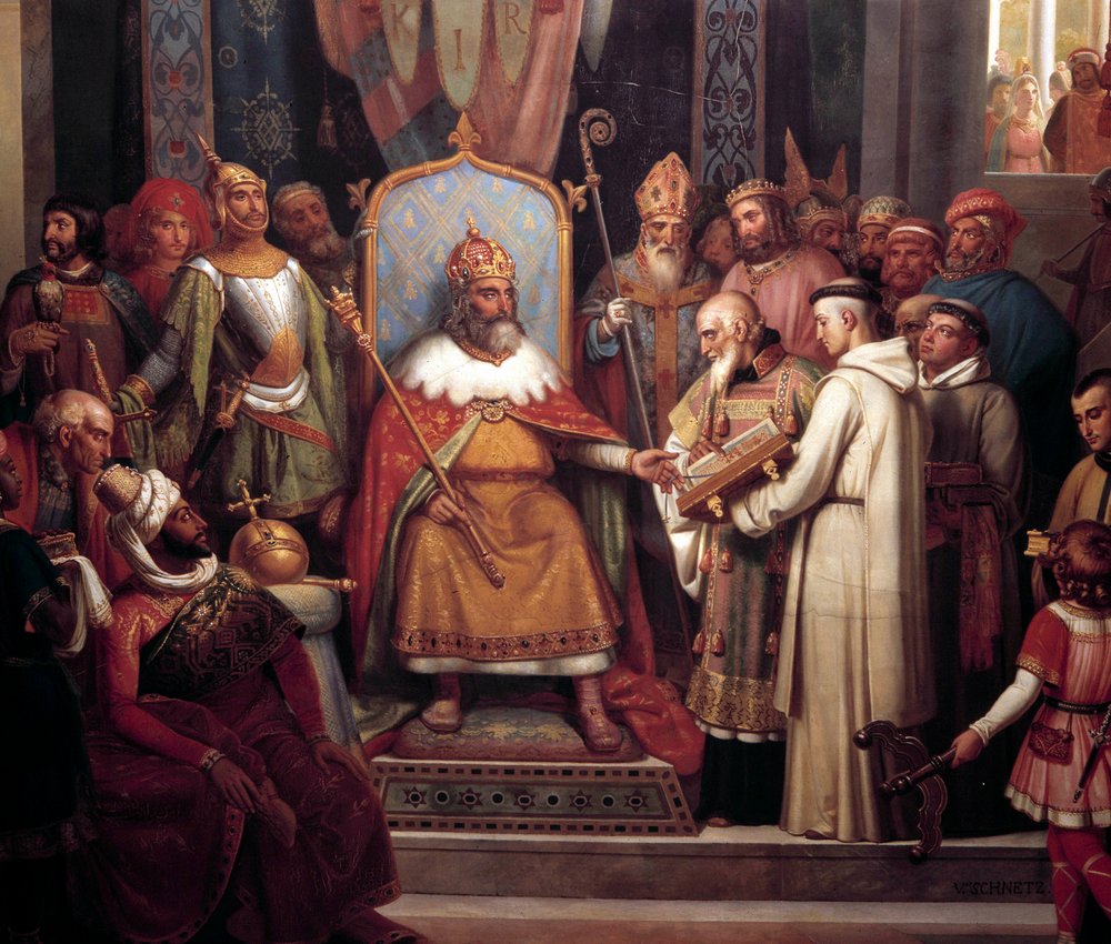Charlemagne, surrounded by his chief officers, received Alcuin, who introduced manuscripts, a work of his monks in 781. Detail of the painting by Jules Laure (1806-1861). 1837. H 0.67 x 1.07 m. Versailles, palaces of Versailles and Trianon. by Jules Laure