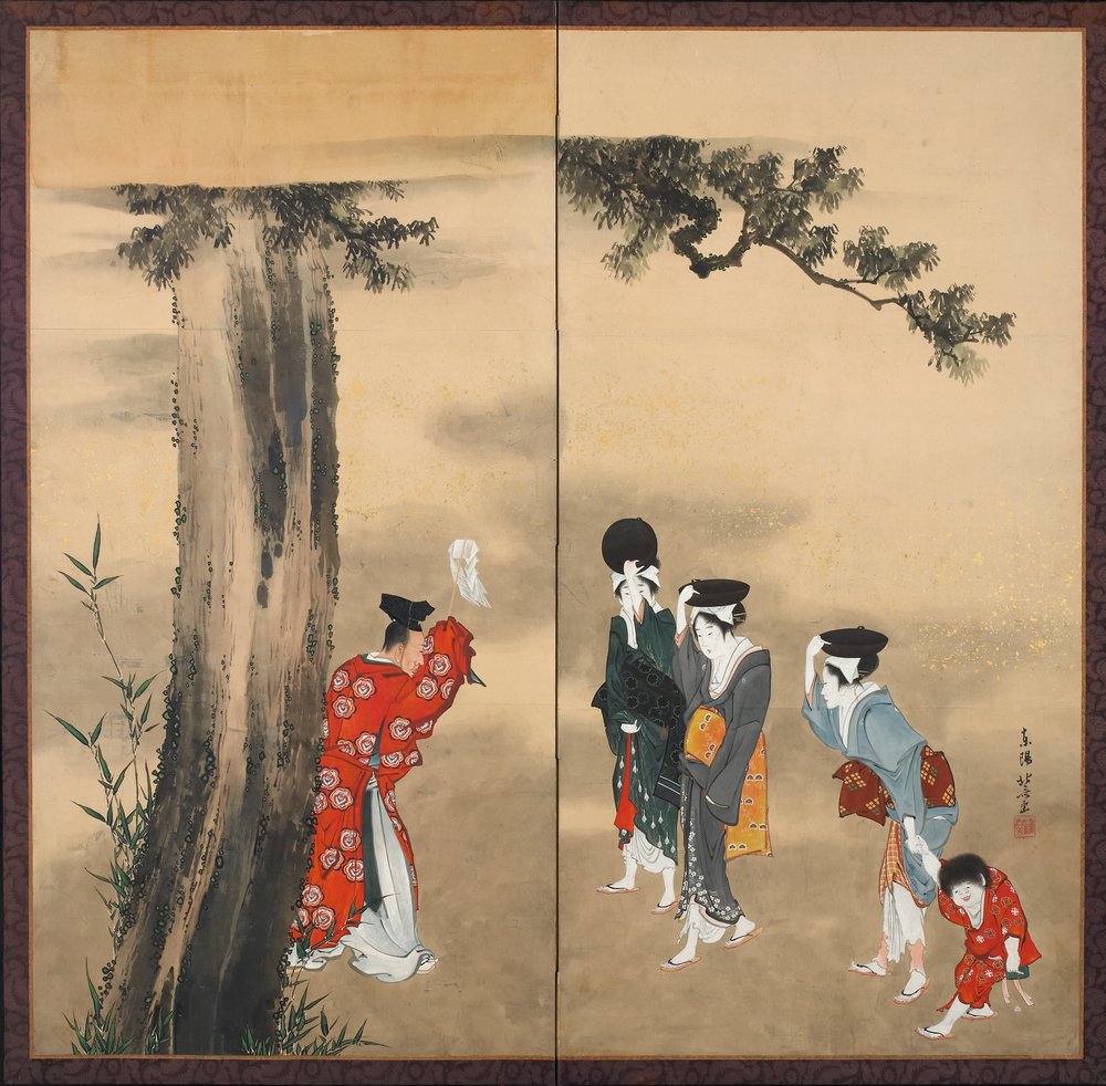 Paper two-fold screen: A Shinto Priest, Three Women and a Child under a Pine Tree, Edo Period, c.1799-1801 by Katsushika Hokusai
