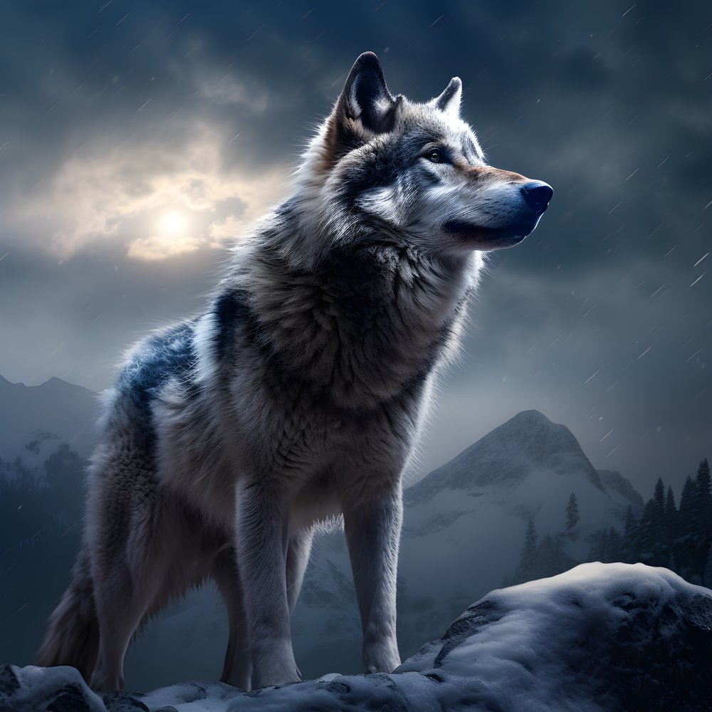 A Majestic Gray Wolf Standing on a Snow-Covered Mountain Peak 4