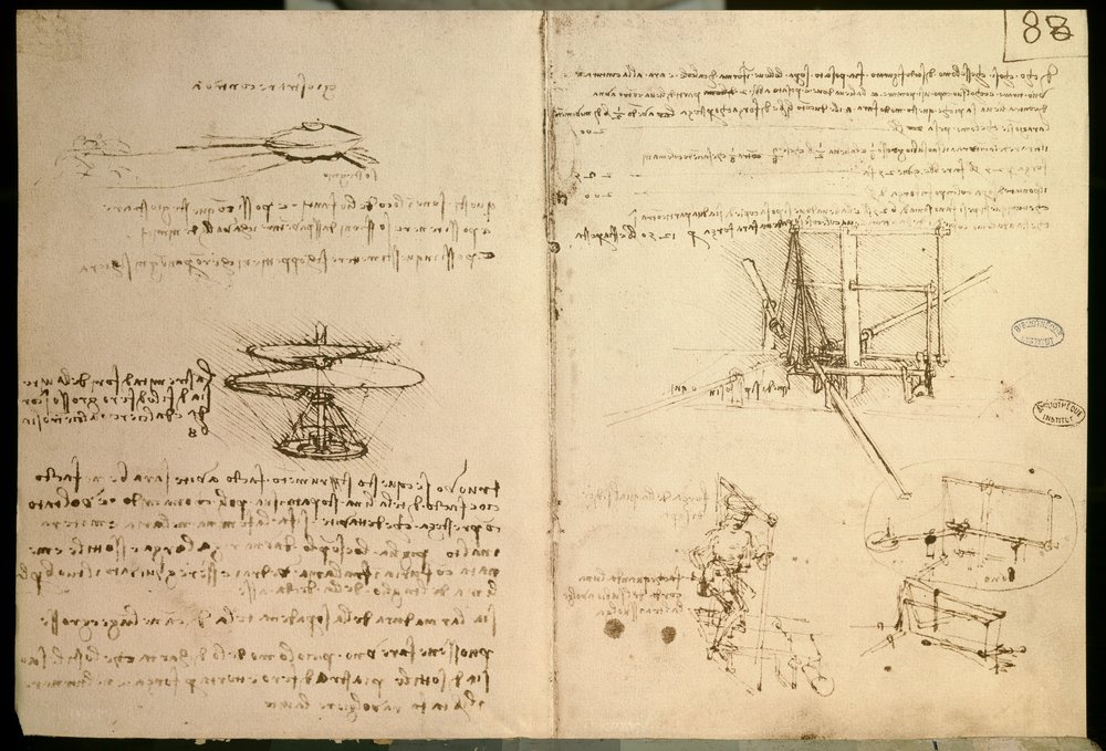 Flying machines, one of the first drawings of a helicopter-like flying machine, c. 1487 by Leonardo da Vinci