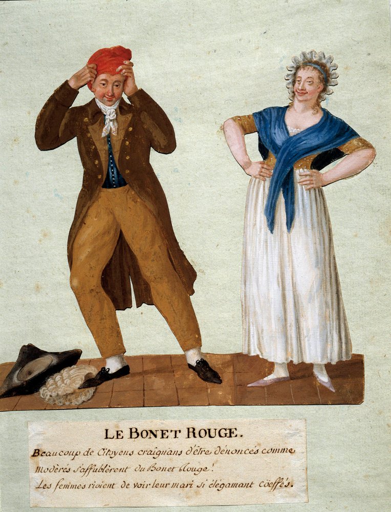 The red hat. A man wears the Phrygian cap at the time of the Revolution of 1789. Gouache by the Lesueur brothers. 18th century. Musée Carnavalet, Paris by Lesueur Brothers