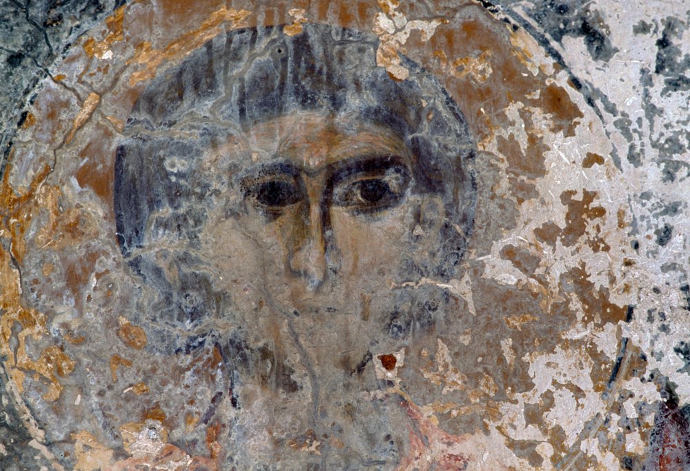 Male Figure, Damaged Fresco in Church of Metamorphosis Sotiros, Voutas ...