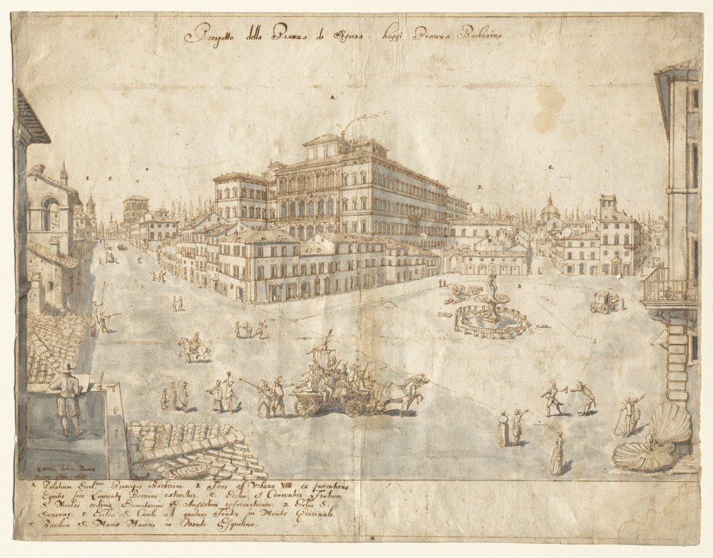 Eighteen Views of Rome: The Piazza Barberini (recto) by Lievin Cruyl