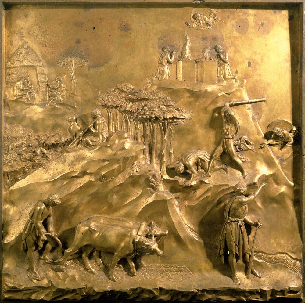 The Story of Cain and Abel: The Sacrifice, The Murder of Abel and God Banishing Cain, original panel from the East Doors of the Baptistery, 1425-52 (after restoration) by Lorenzo Ghiberti