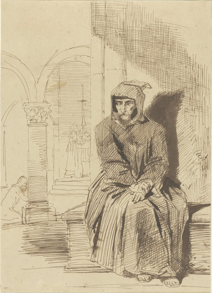 Sitting Monk in Contemplation, While Mass is Celebrated in the Background by Louis Boulanger