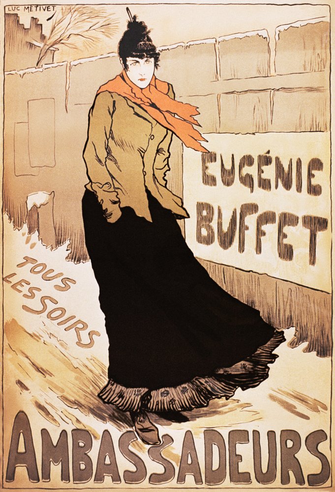 Vintage Poster of French Singer Eugenie Buffet Walking in the Snow by Lucien Metivet